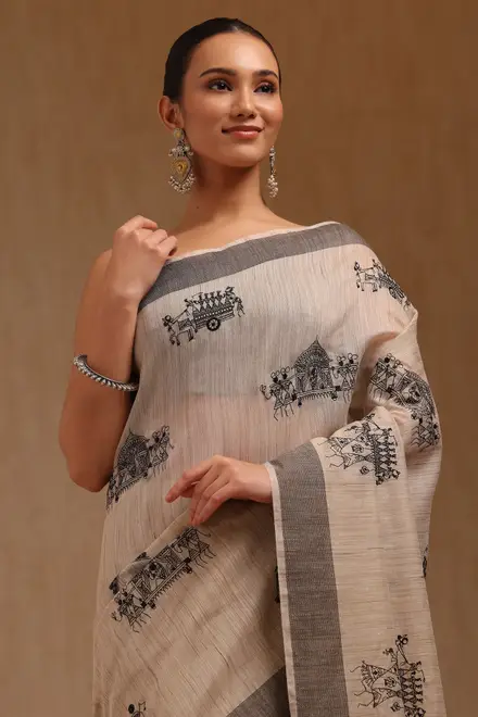 Beige Chanderi Warli Saree With Thread Work